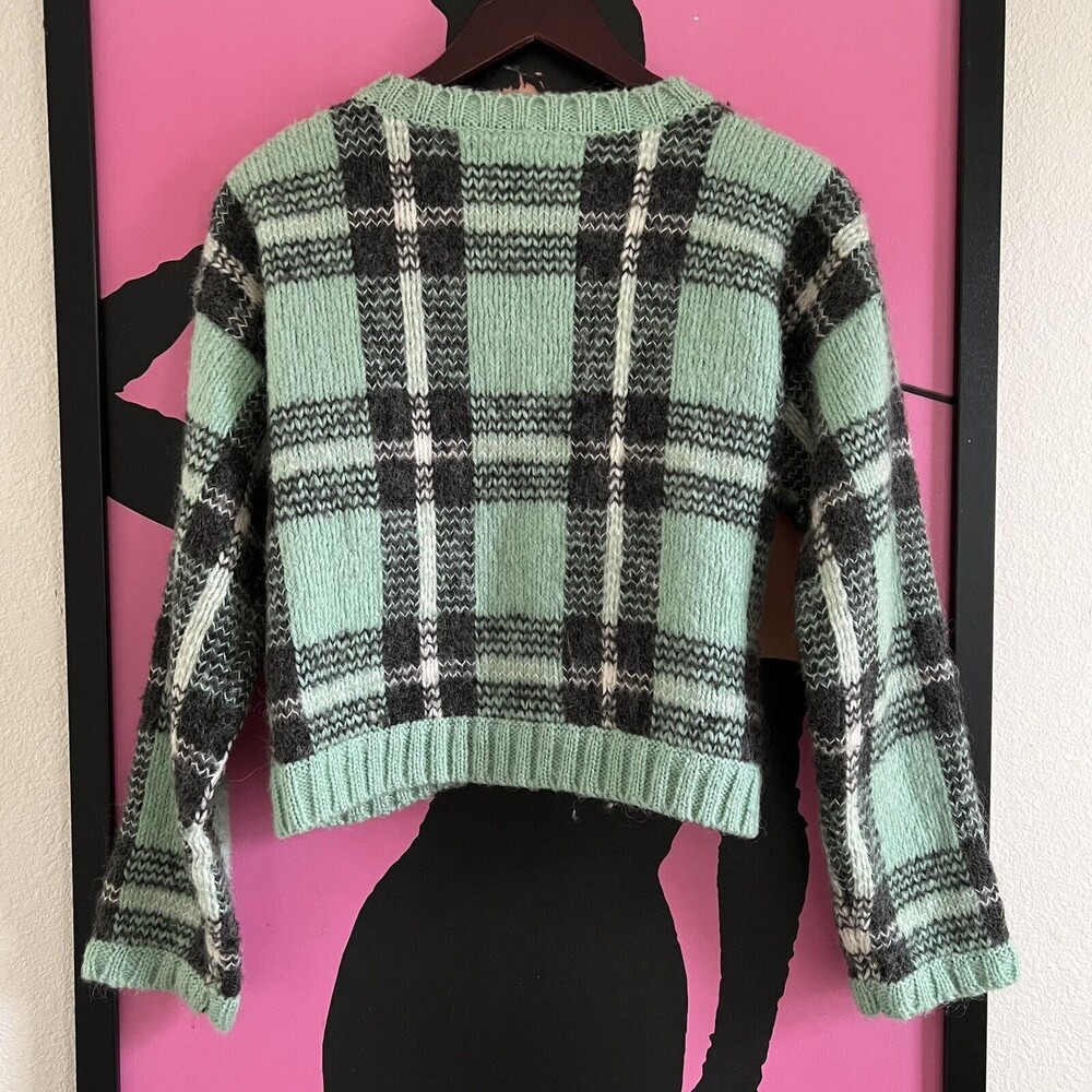 Vintage Anthropologie Womens Acrylic Wool Mohair Plaid Zip Cardigan Mint - Picture 2 of 7